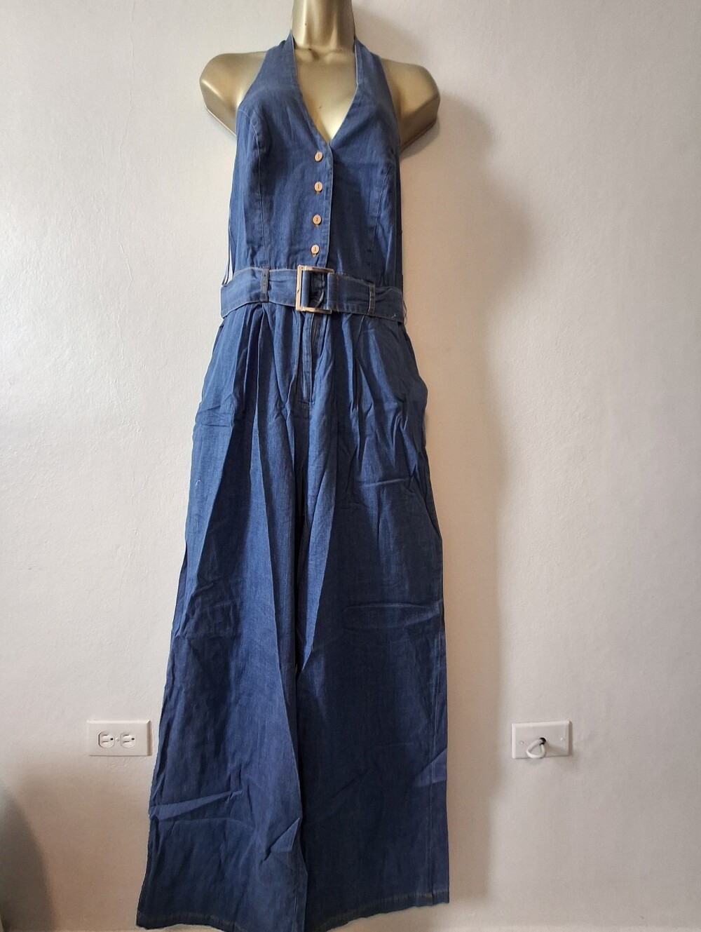 Denim Blue Halter Jumpsuit with Belt